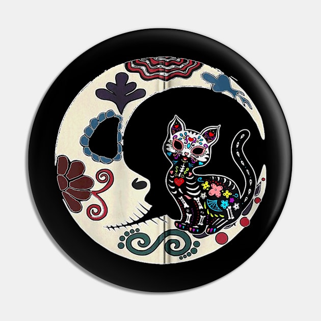 Cat & Moon Sugar Skull Dia De Los Muertos Zip Pin by family love forever