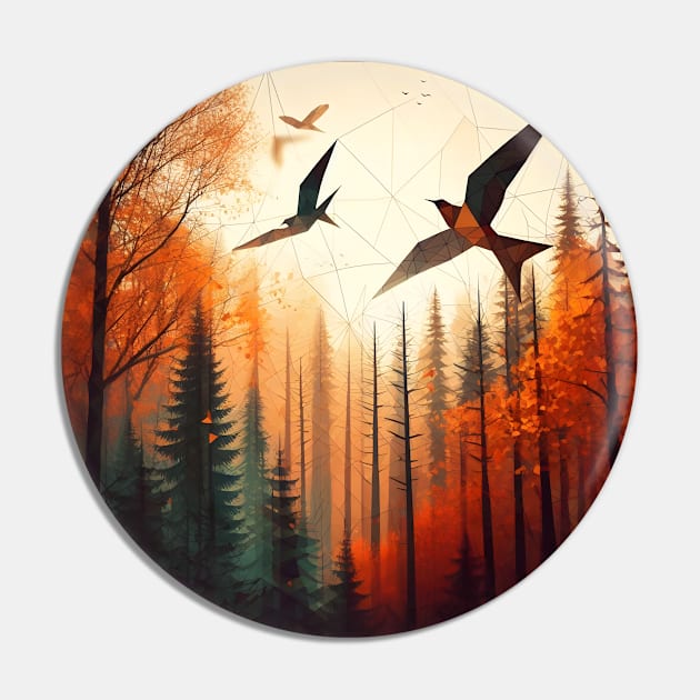 Low Poly Autumn Forest Treetops with Birds Pin by Antipodal point