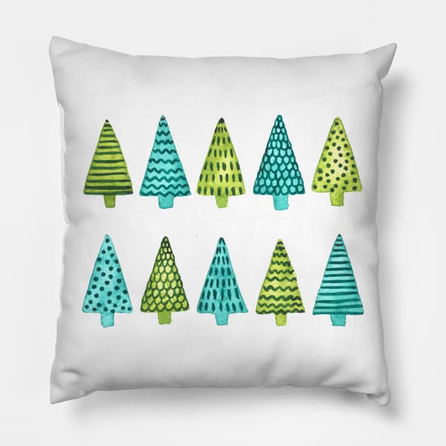 Watercolor Christmas trees pattern in blue and green Pillow by foxeyedaisy