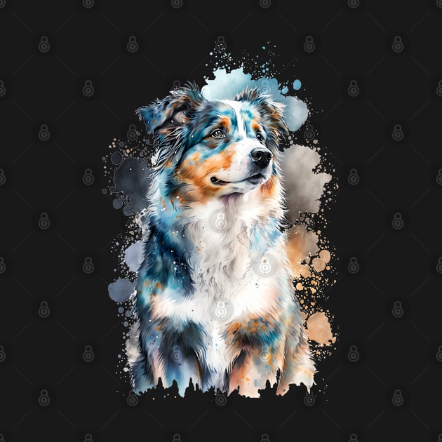 Colorful Australian Shepherd Watercolor Art by doglovershirts