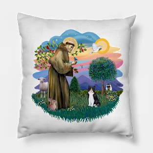 Saint Francis Blesses a Black and White Tuxedo Cat Pillow