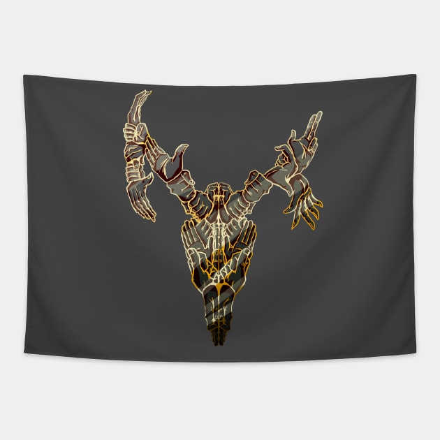 Psychedelic Deer Skull Made of Hands Black and Gold Metal Tapestry by AidanThomas