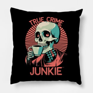 True Crime Junkie Skeleton and Coffee Illustration Pillow