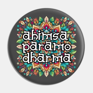 Ahimsa Paramo Dharma Mandala: Colorful Harmony in Red, Green, Blue, Yellow, Orange, Purple, Pink Pin