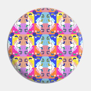 Checked Rainbow Fiesta Blue Kaleidoscope Memphis Design Pattern Pin