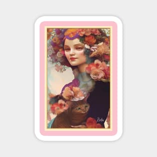 Floral art of painting of girl with cat flowers and roses Magnet