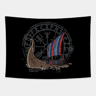 Viking ship drakkar with viking compass in the background Tapestry