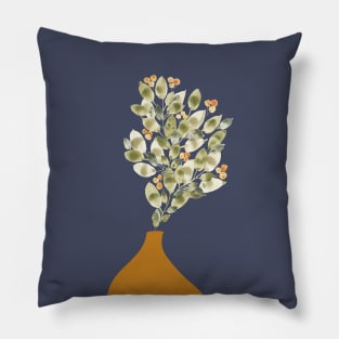 watercolor painting of green leaves in an orange vase Pillow