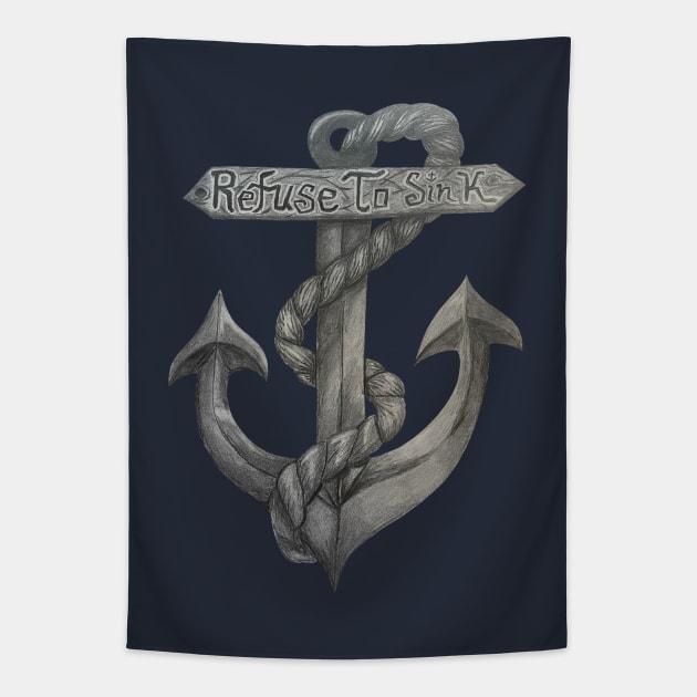 Refuse to Sink Anchor Drawing Tapestry by Lady Lilac