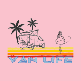 Van Life Surfing Vanlife Girl, Palm Trees and pop top van T-Shirt