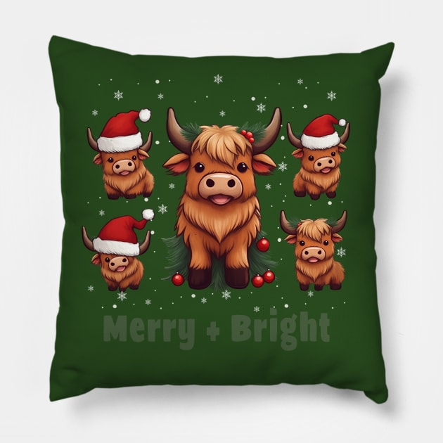 Cute Highland Cow Christmas Merry and Bright, Scottish, Cow Xmas Farmer, Christmas sweater with cute Highland Cow Pillow by Collagedream