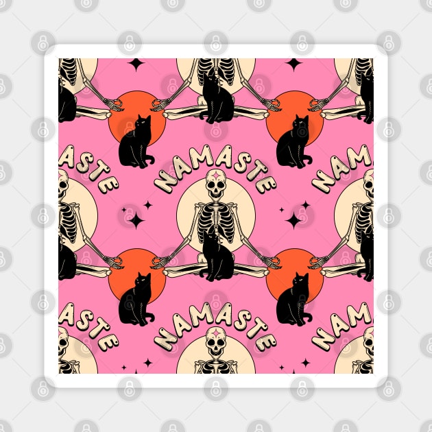 Yoga Namaste Black Cat Pattern in pink Magnet by The Charcoal Cat Co.