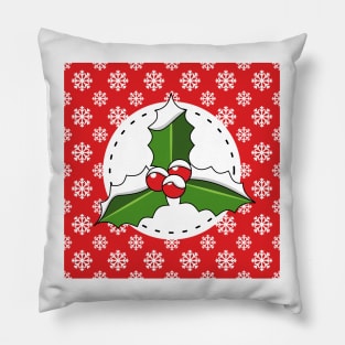 Holly Berry on Red White Snowflakes Pattern Pillow