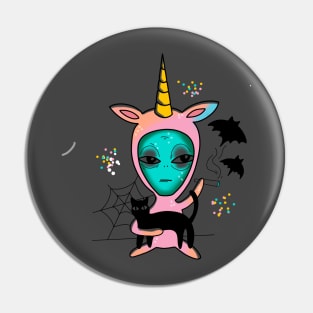 alien in a pink unicorn onesy holding a cat smoking a blunt cute gift Pin