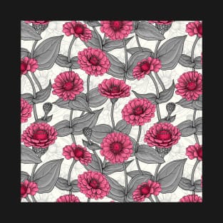 Pink Zinnias in gray and white T-Shirt