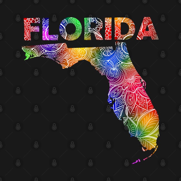 Colorful mandala art map of Florida with text in multicolor pattern by Happy Citizen