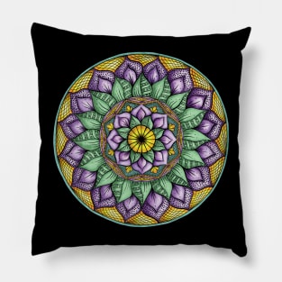 Floral Mandala with Purple Flowers & Green Leaves Pillow