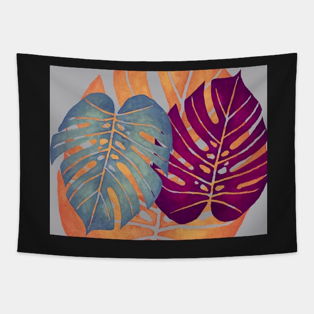 MONSTERA LEAVES - Orange, Magenta, & Blue Swiss Cheese Leafs On Gray Tapestry by VegShop