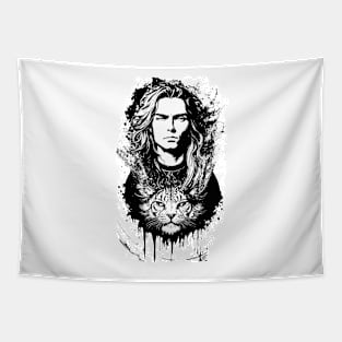 black white graphic illustration man angry tiger cats Tapestry