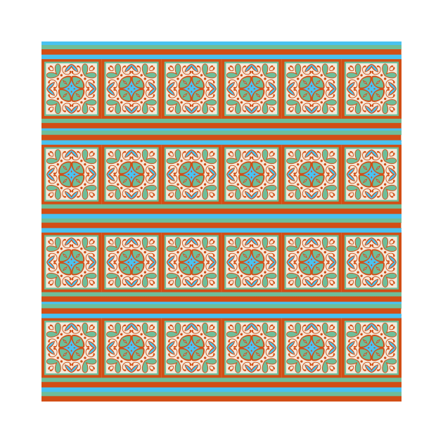 Squares and stripes pattern coral and turquoise by oknoki