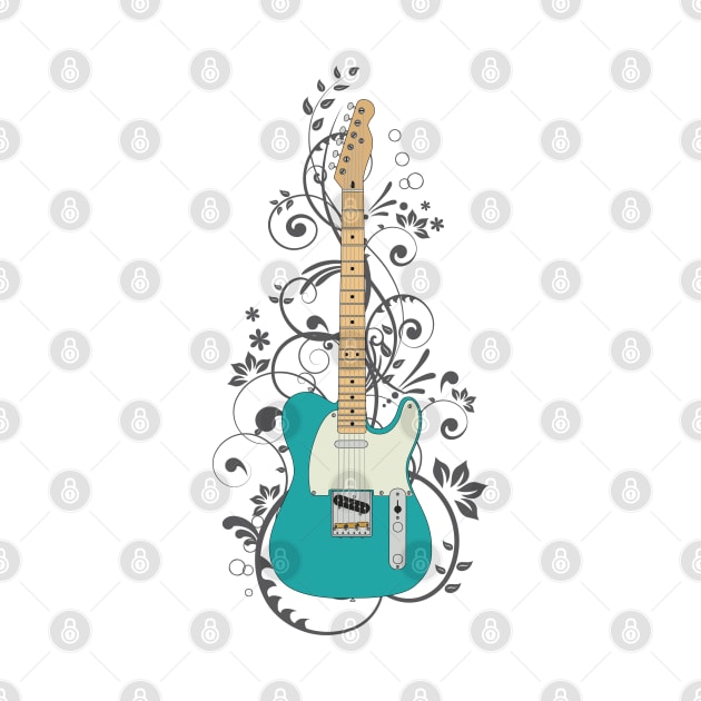 Teal T-Style Electric Guitar Flowering Vines by nightsworthy