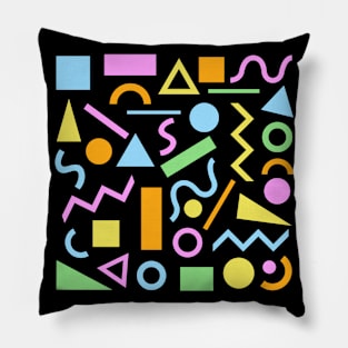 80s Style Shapes Pattern Color on Black Pillow