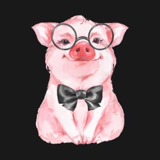 Little Pig Wearing Glasses And A Black Bow T-Shirt