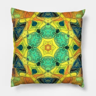 Mosaic Mandala Flower Green Yellow Orange and Blue Pillow