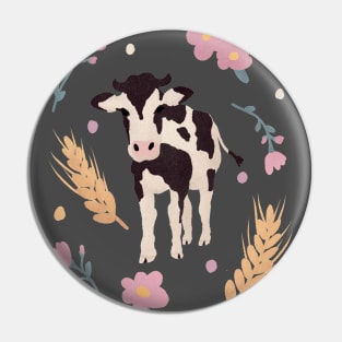Cow Portrait with Wheat and Flowers Pin