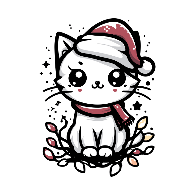 Cute Christmas Cat Santa Hat Christmas Lights Adorable by Francois Ringuette