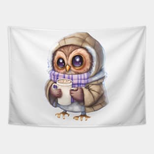 Chibi Owl Drinking Hot Chocolate Cute Baby Christmas Scarf Beanie Tapestry