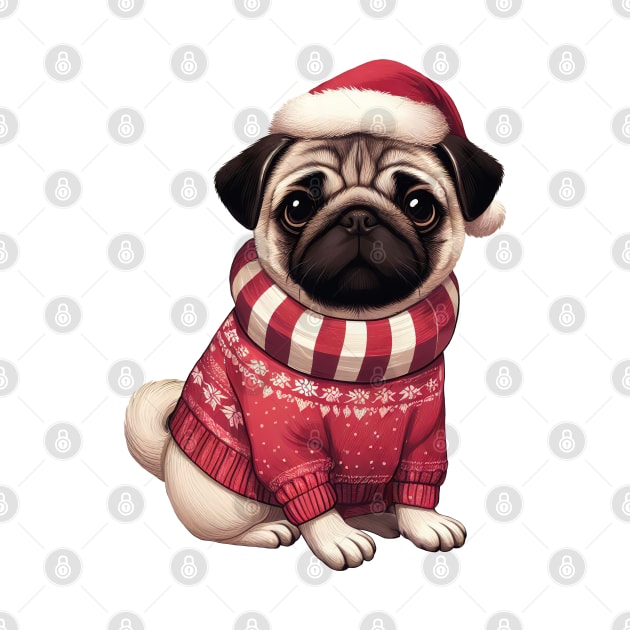 Cute Christmas Pug in Red Sweater by Takeda_Art