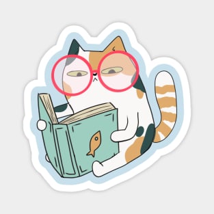 Cute Calico cat reading a book with glasses Magnet