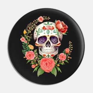 Pink Floral Dia De Los Muertos Sugar Skull Pin