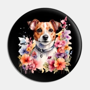 A jack russell terrier decorated with beautiful watercolor flowers. Pin