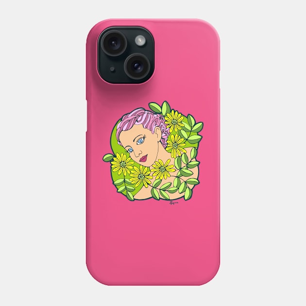 Girl with Pink Hair Surrounded by Yellow Flowers Phone Case by Julia Moon