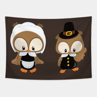 Thanksgiving Owls Pilgrims Tapestry