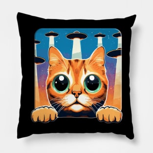 Big Eyed Funny Cat Selfie With UFOs Behind Pillow