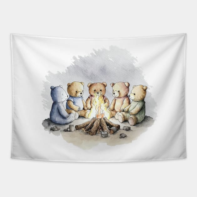 Teddy Bears Camping Watercolor Tapestry by peachycrossing