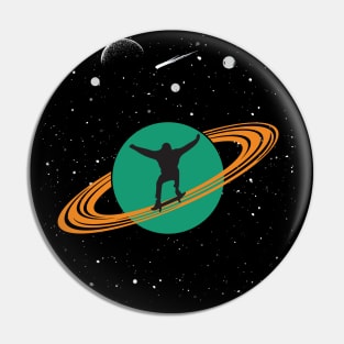 Skateboarder In Saturn Solar System Retro Vintage Space Skateboarding Pin