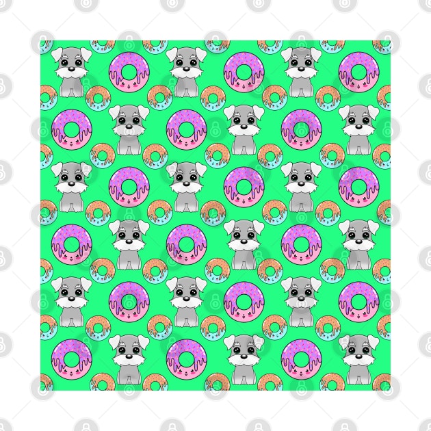 Cute happy funny little Schnauzer puppies, sweet yummy Kawaii adorable colorful donuts cartoon bright pastel green pattern design. by IvyArtistic