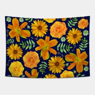 Tigerlilies, Roses, Sunflowers, Leaves, Succulents, and Flowers in Golden Orange and Yellow Tapestry