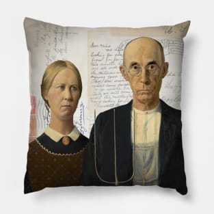 American Gothic Plain Couple on Antique Postcard Collage Pillow