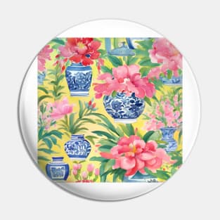 Pink peonies in blue and white chinoiserie jars on yellow background Pin