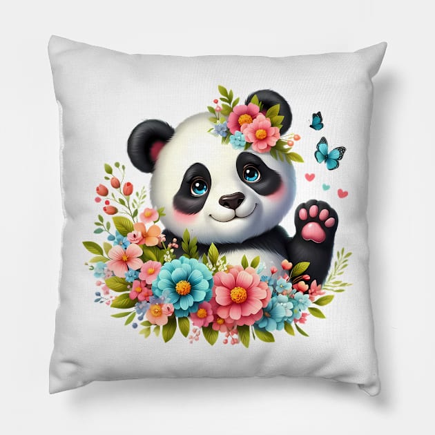 A panda decorated with beautiful colorful flowers. Pillow by CreativeSparkzz