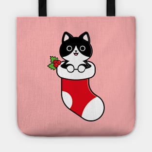 Cute Tuxedo Cat Inside a Christmas Stocking Tote