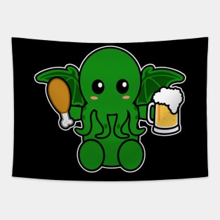 Cute Cthulhu With Chicken And Beer Tapestry