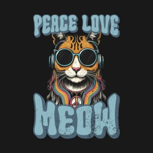 Peace Love Meow, Retro Groovy Style Hippie Cat Lover Design T-Shirt