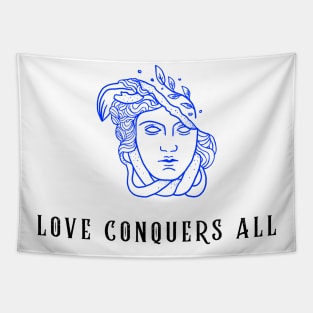 woman statue with poetry phrase "Love conquers all" Tapestry