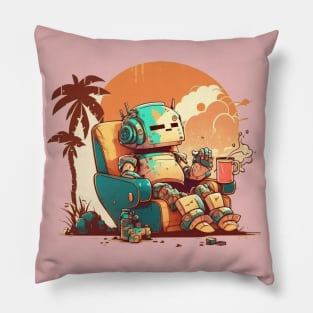 Old robot gets comfy with cup of coffee with orange bacground Pillow